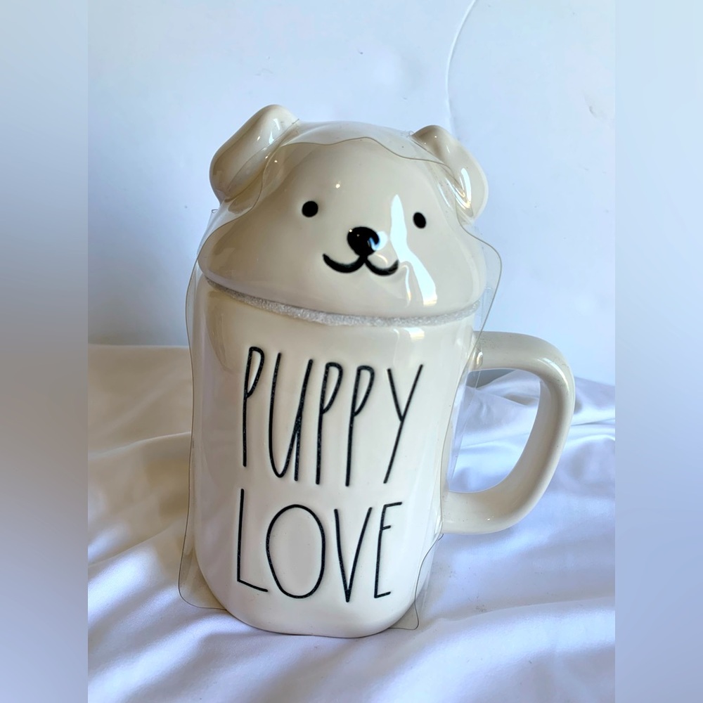 NWT Rae Dunn PUPPY LOVE Ceramic Mug w/Puppy Topper Off White‎ Tea Coffee Cup